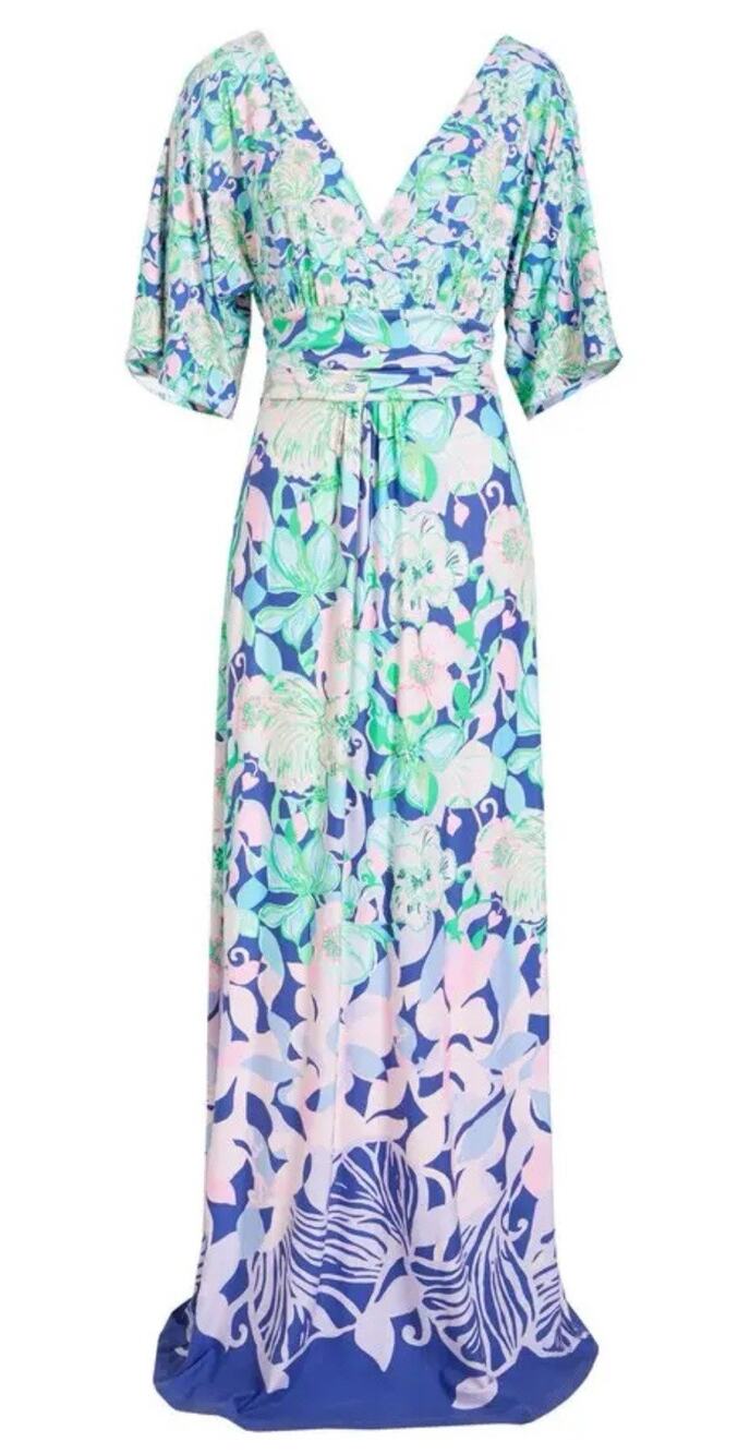Lilly Pulitzer Parigi Maxi dress long XXS tropical vacation blue pink long wrap